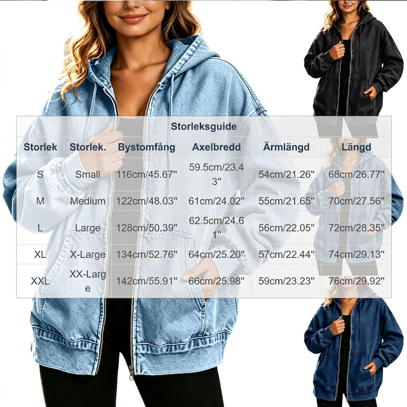 Damls löst sittande jeansjacka med dragkedja och huva