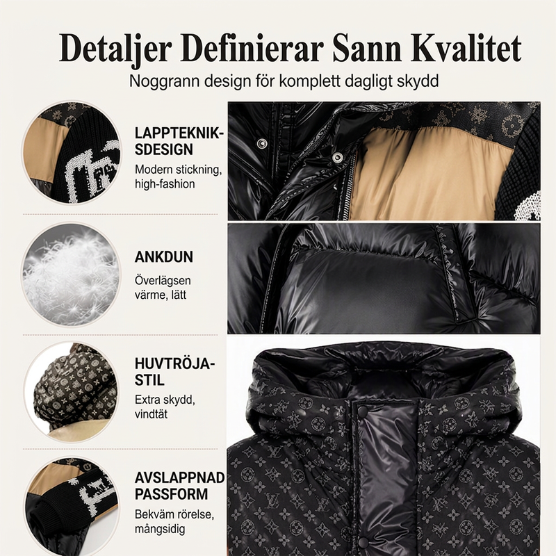 Damjacka med lappdesign och huva, vadderad modell
