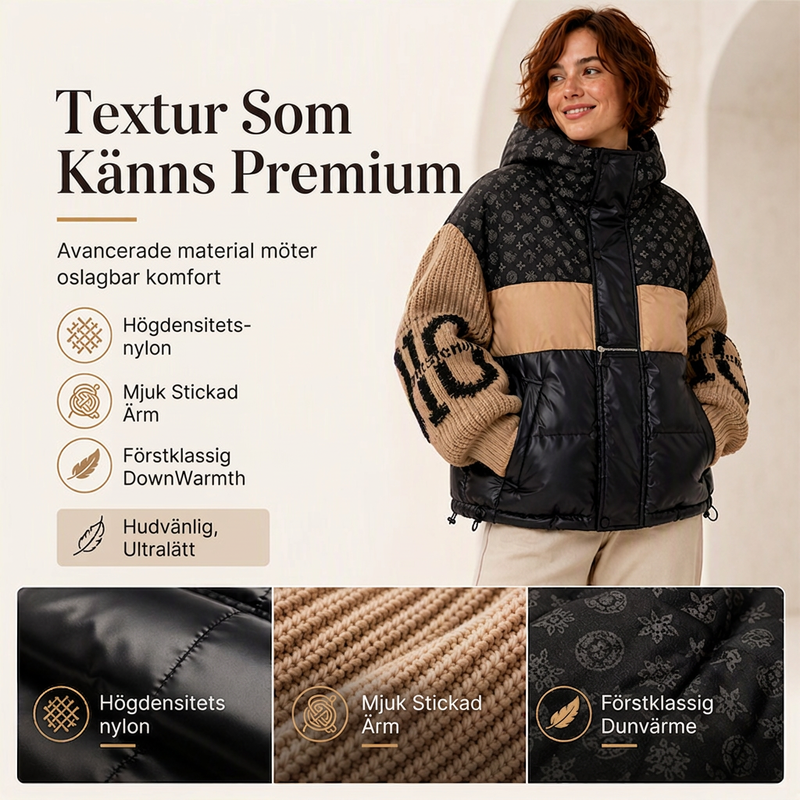 Damjacka med lappdesign och huva, vadderad modell