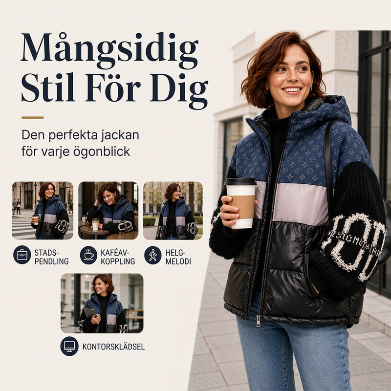 Damjacka med lappdesign och huva, vadderad modell