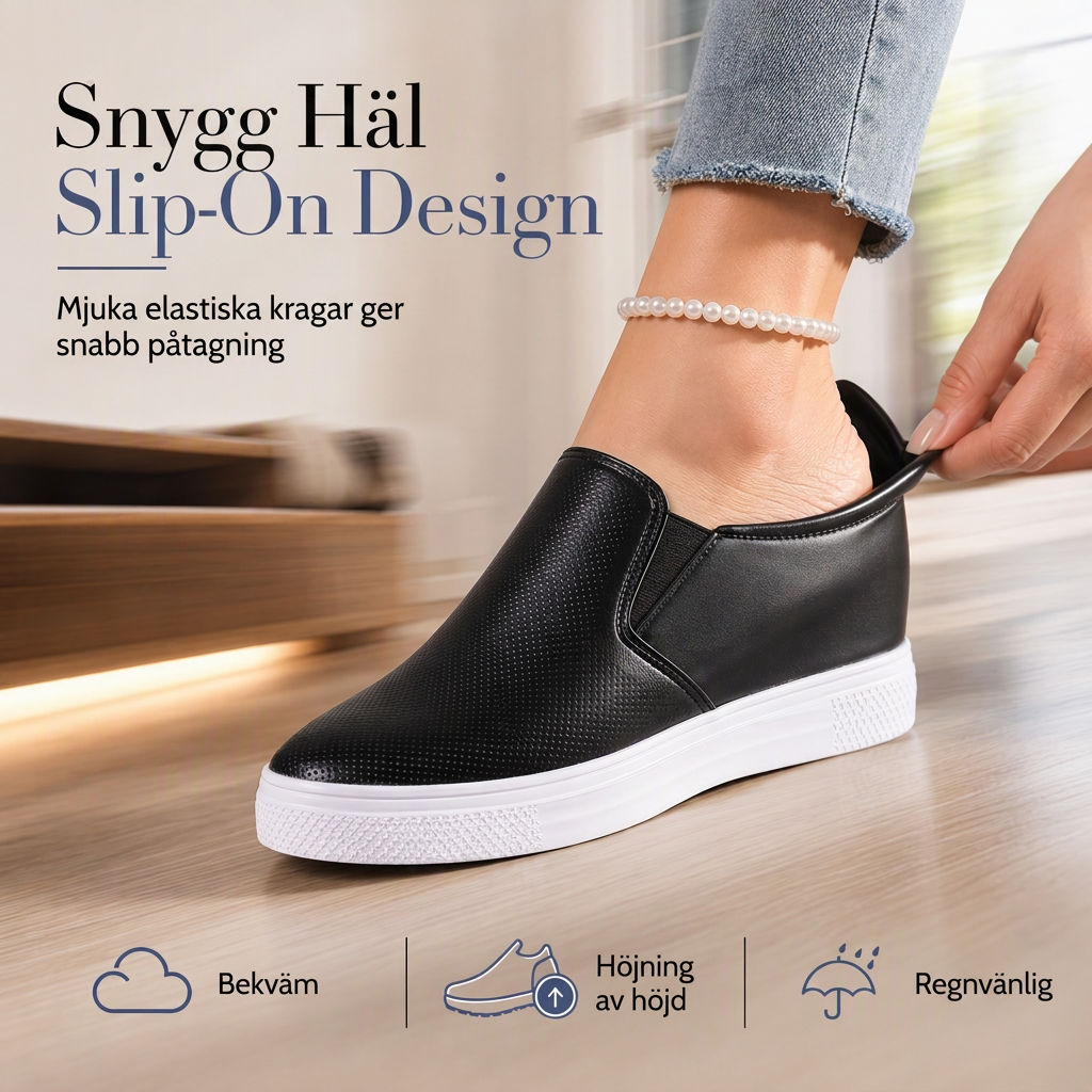 Damskor i mjukt läder, slip-on-modell med dold höjning, platt halkfri sula
