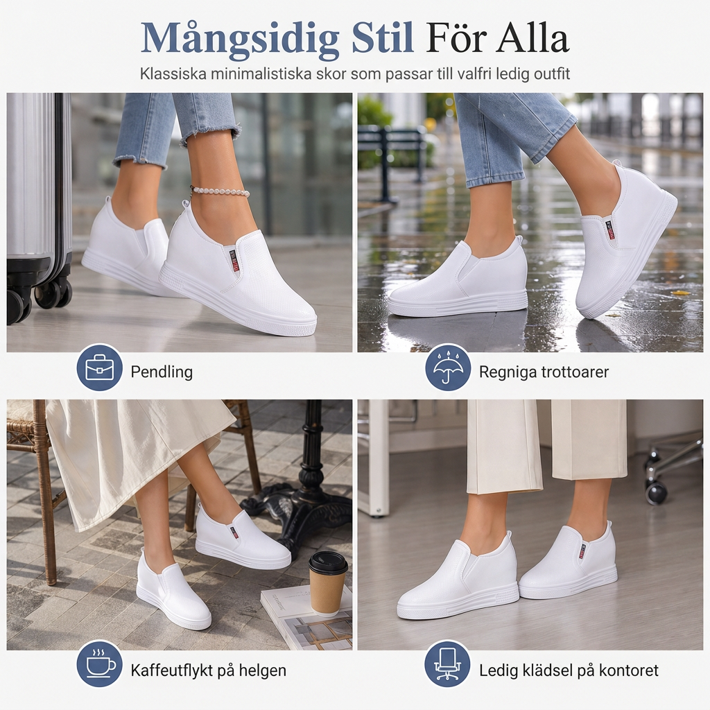 Damskor i mjukt läder, slip-on-modell med dold höjning, platt halkfri sula