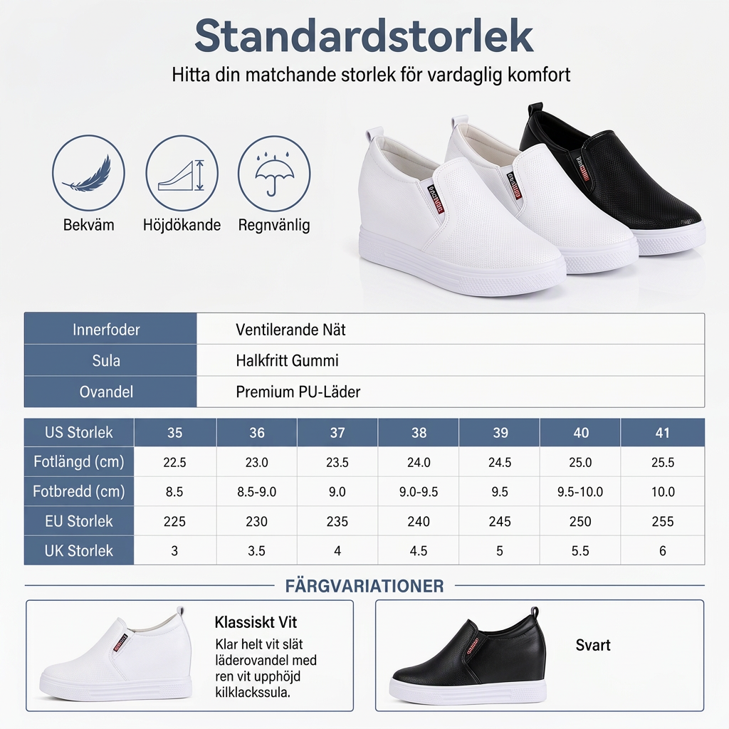 Damskor i mjukt läder, slip-on-modell med dold höjning, platt halkfri sula