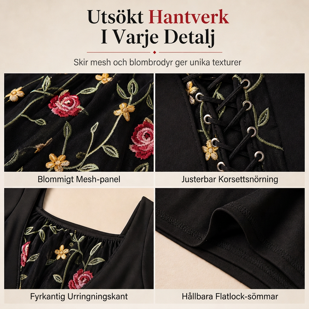 Svart långärmad maxiklänning med fyrkantig halsringning, snörning i korsettstil och blombroderad nätpanel
