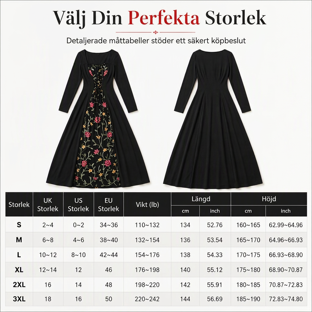 Svart långärmad maxiklänning med fyrkantig halsringning, snörning i korsettstil och blombroderad nätpanel