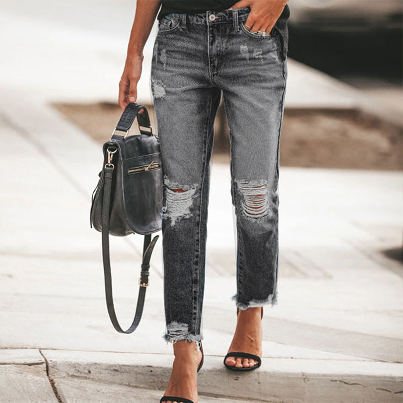Kvinnors retro slitna jeans med revor