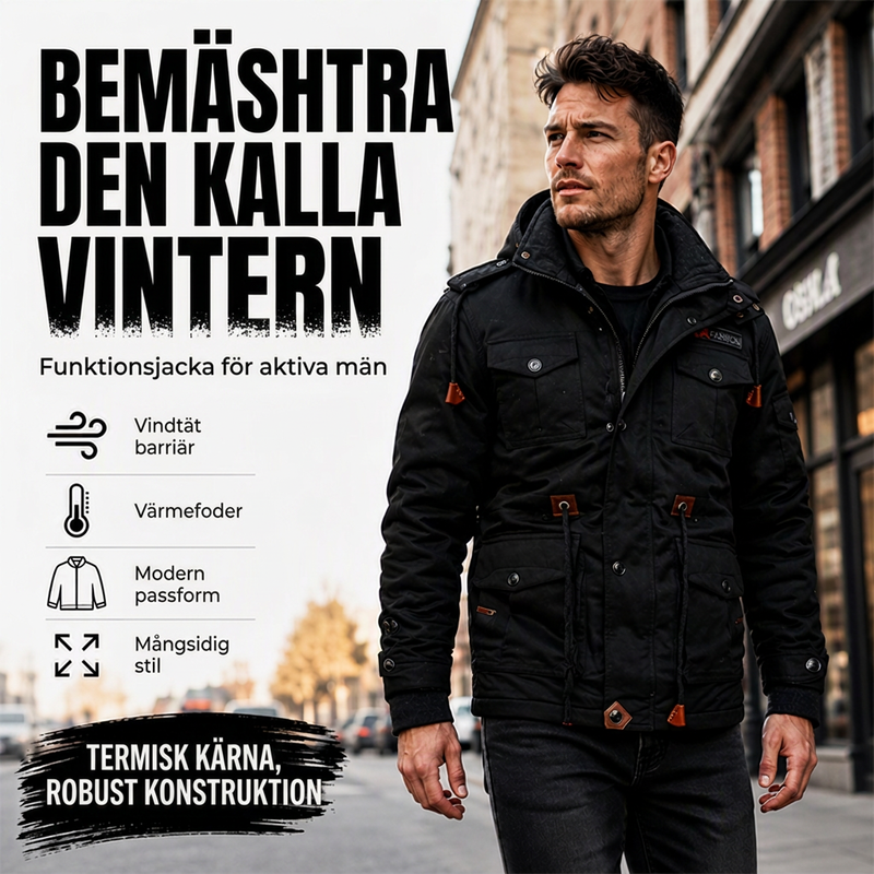 Vinterjacka för män med termisk effekt och avtagbar huva