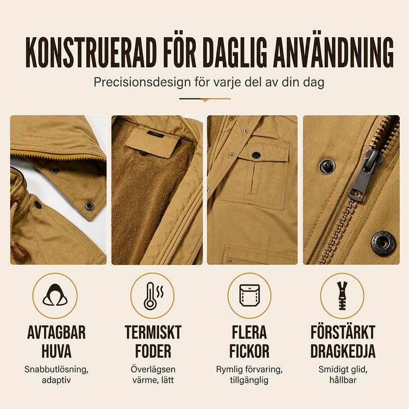 Vinterjacka för män med termisk effekt och avtagbar huva