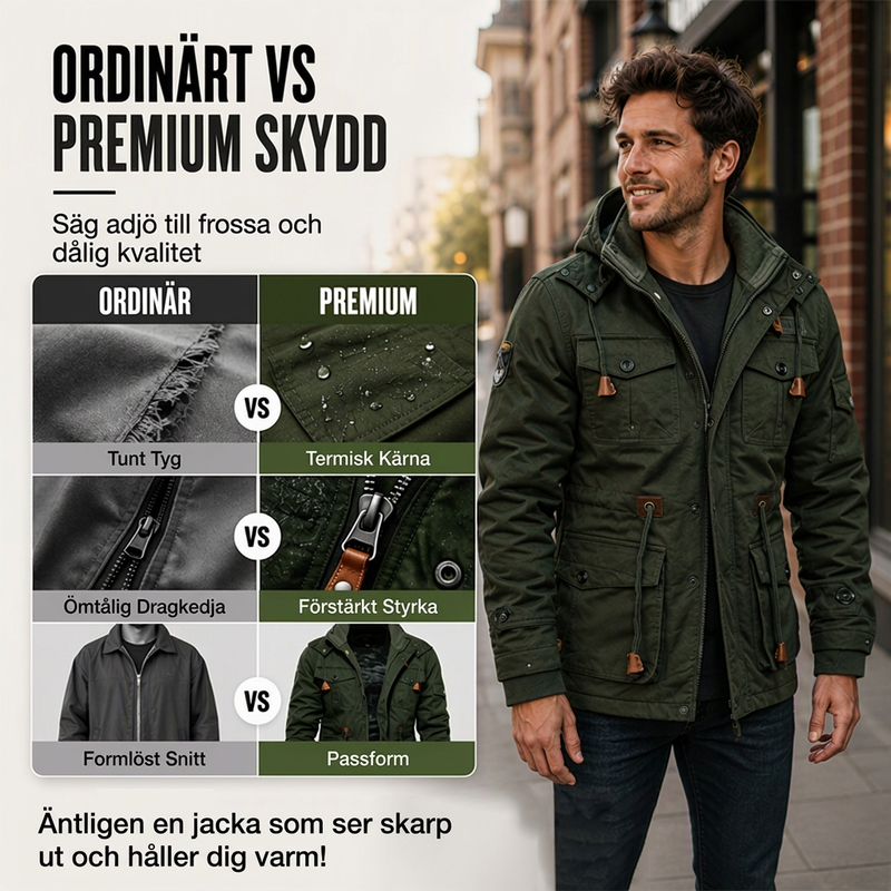 Vinterjacka för män med termisk effekt och avtagbar huva