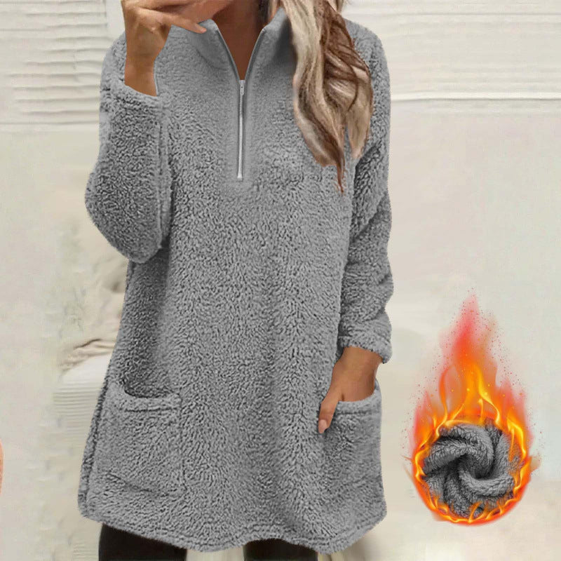 ✨ Plüschtröja för damer med halv dragkedja och fickor – mjuk, bekväm och avslappnad för vardagsbruk 🤎