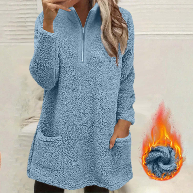 ✨ Plüschtröja för damer med halv dragkedja och fickor – mjuk, bekväm och avslappnad för vardagsbruk 🤎