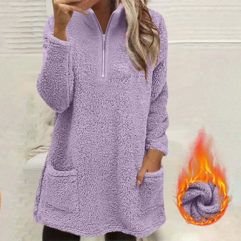 ✨ Plüschtröja för damer med halv dragkedja och fickor – mjuk, bekväm och avslappnad för vardagsbruk 🤎