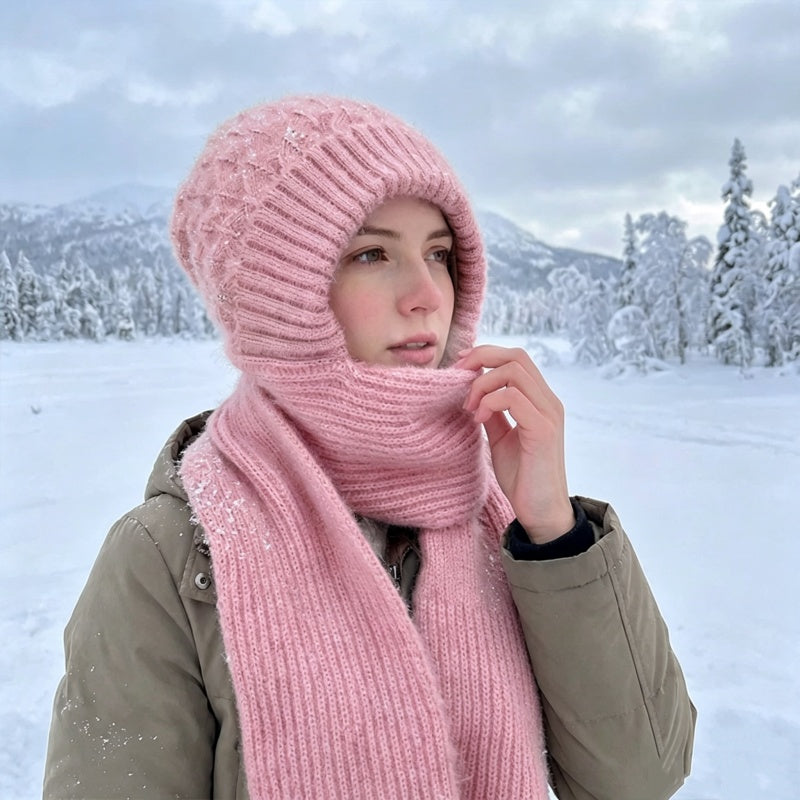 Integrerad plyschstickad halsduk med huva för kvinnor