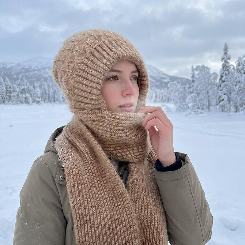 Integrerad plyschstickad halsduk med huva för kvinnor