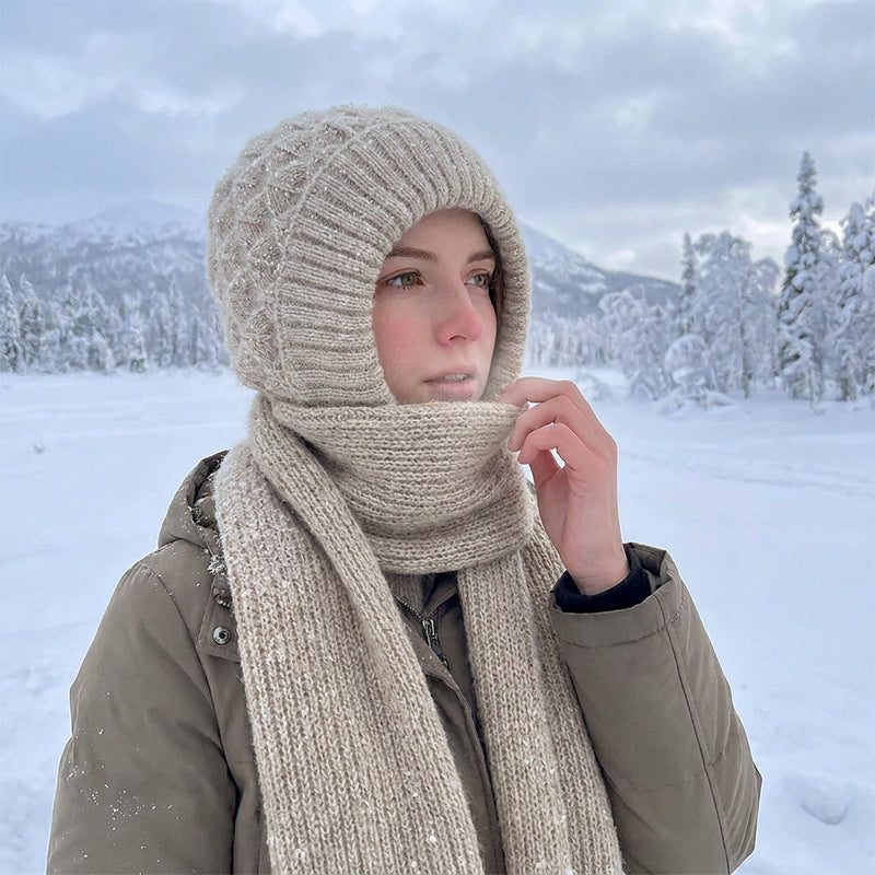 Integrerad plyschstickad halsduk med huva för kvinnor