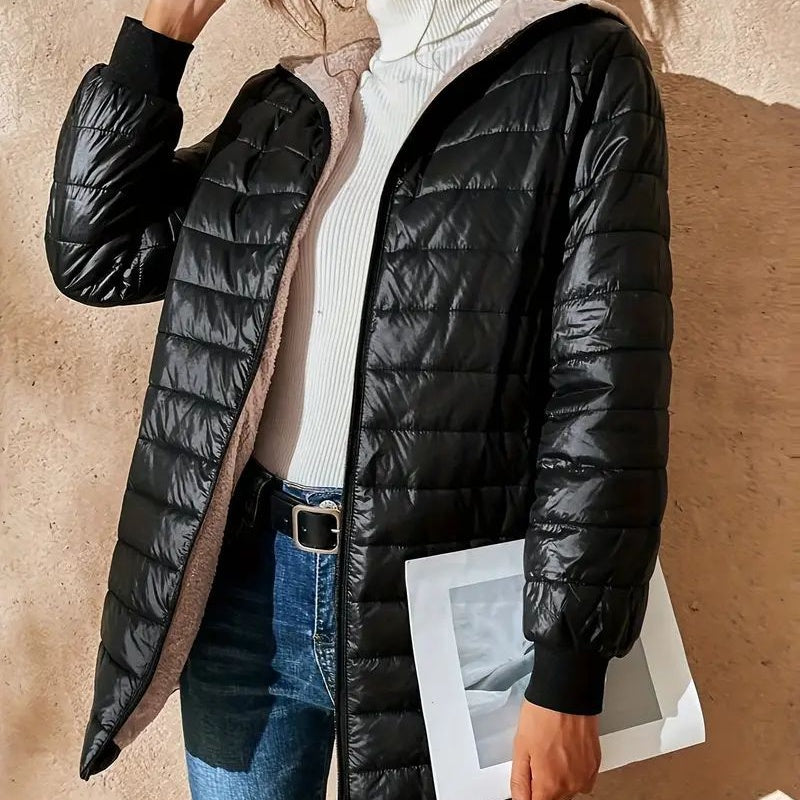 🧥Vadderad varm vinterkappa med huva och dragkedja för kvinnor