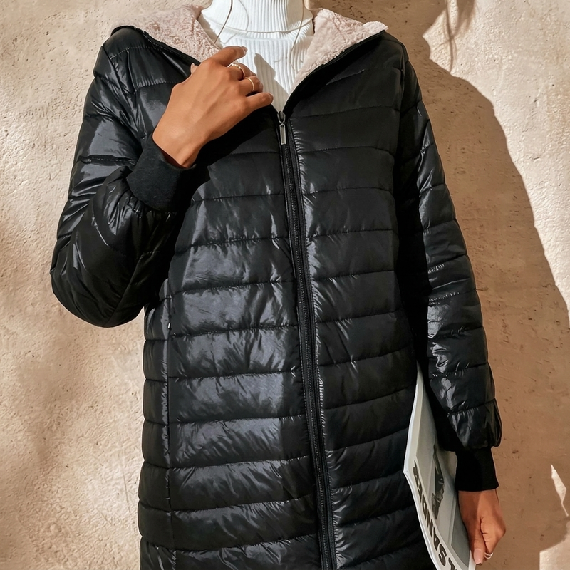 🧥Vadderad varm vinterkappa med huva och dragkedja för kvinnor
