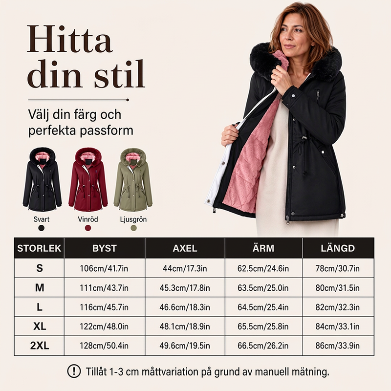 Kvinnors vinterjacka i medelängd med plyschfoder