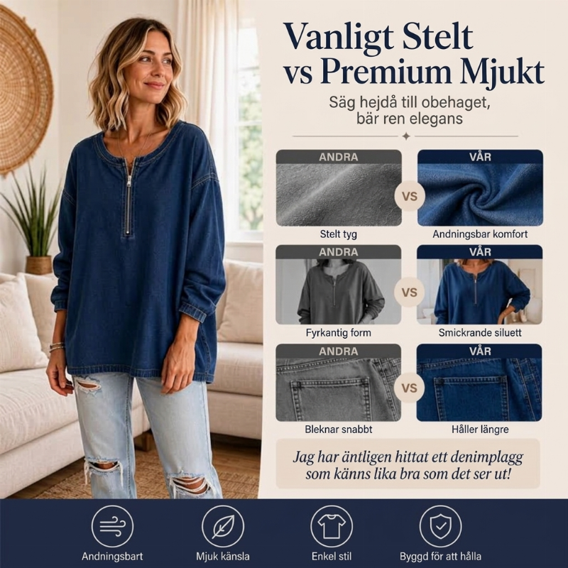 Kvinnors långärmad denimtröja med halv dragkedja