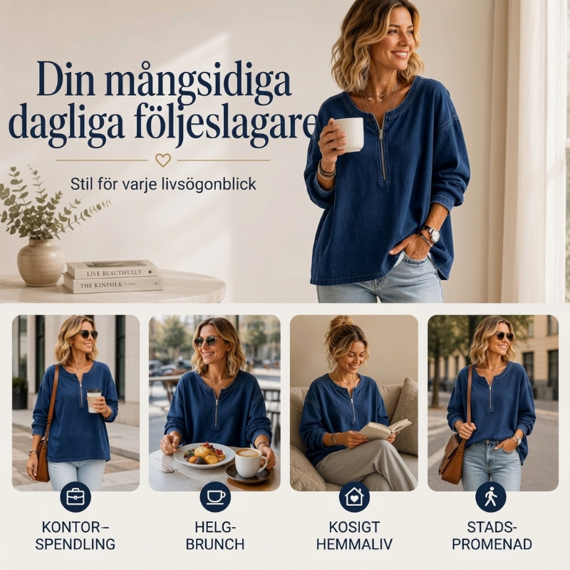 Kvinnors långärmad denimtröja med halv dragkedja