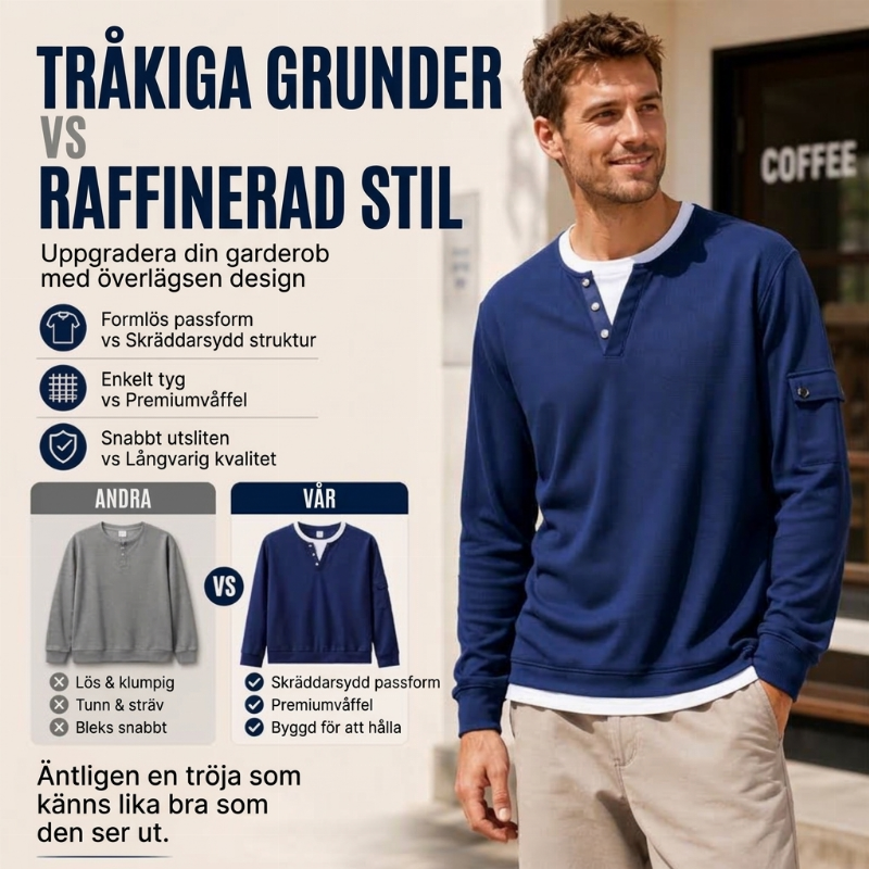 Herrars pikétröja i waffelstickad med falsk tvådelad design