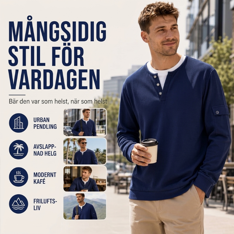 Herrars pikétröja i waffelstickad med falsk tvådelad design