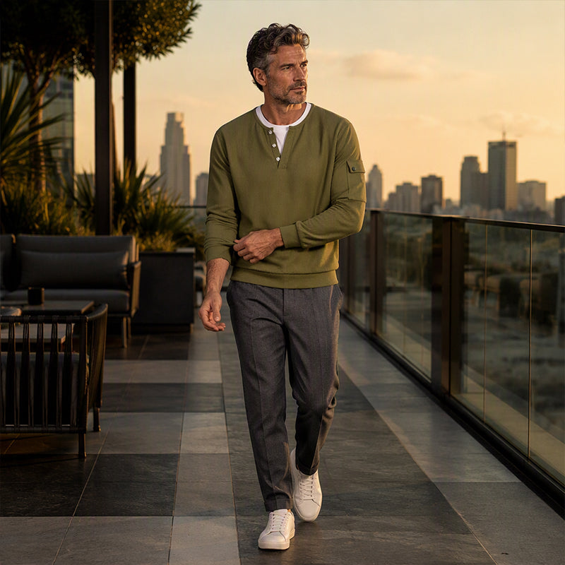 Herrars pikétröja i waffelstickad med falsk tvådelad design