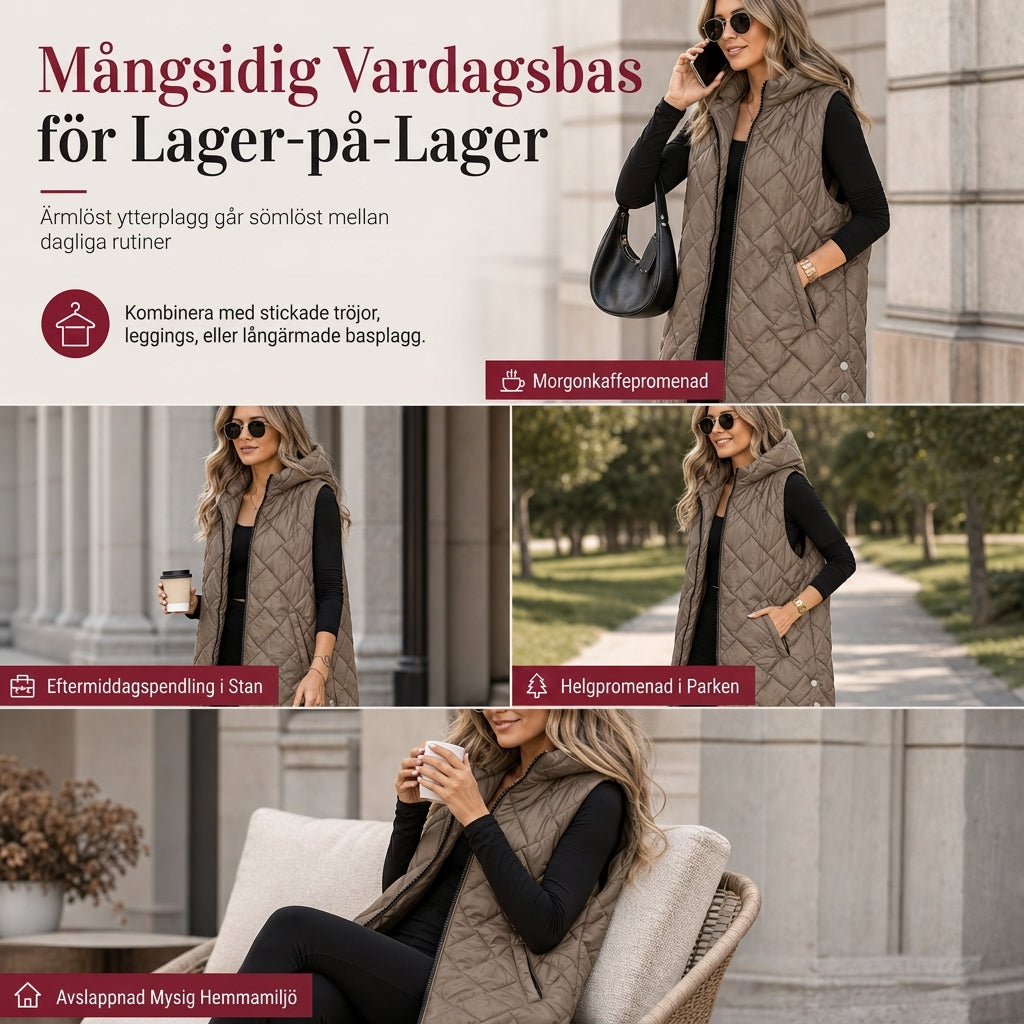 📢🎉50 % rabatt!!!🛍️✨Vadderad ärmlös huvtröja för damer, medellång, fritidsstil