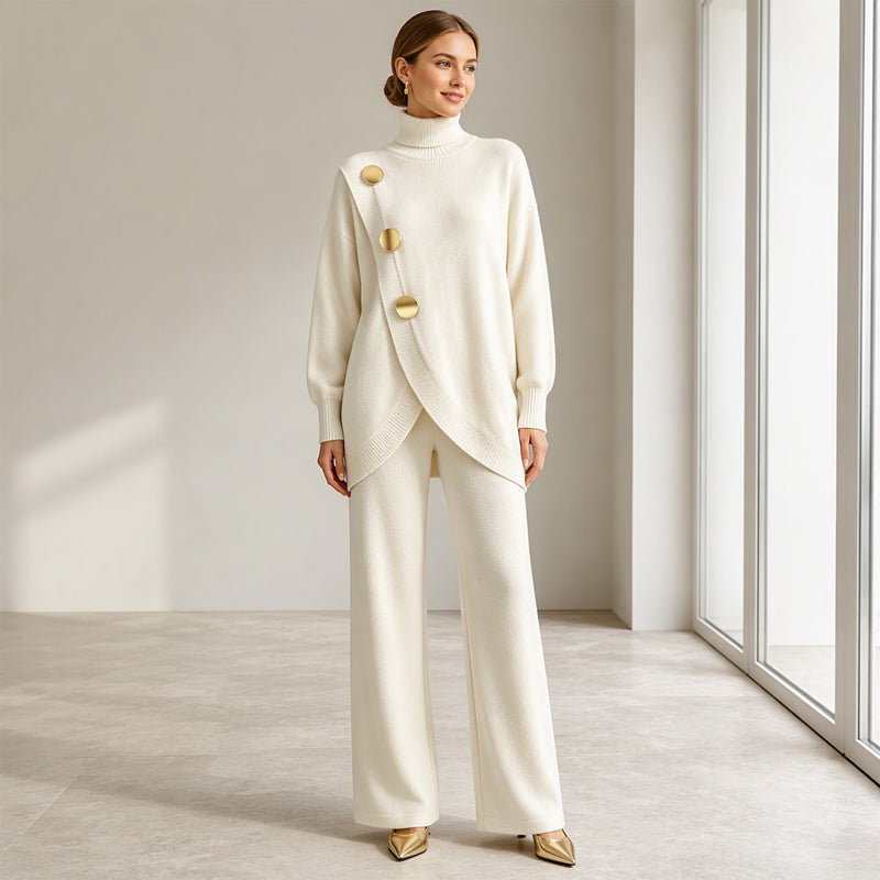🛍️ Specialerbjudande ✨ Elegant set med damtröja med hög hals och byxor med vida ben – bekväm passform och elegant look