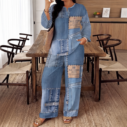 🔥 50 % RABATT UNDER BEGRÄNSAD TID! 👖 Dammode i jeansmönster med topp och byxor med vida ben – bekvämt, retro och elegant ✨
