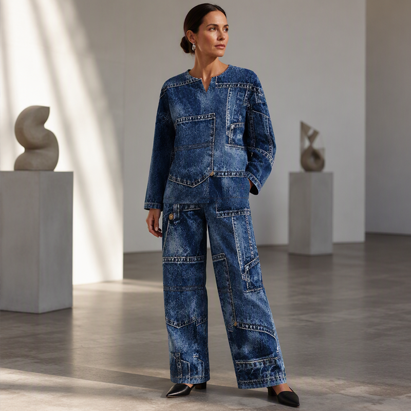 🔥 50 % RABATT UNDER BEGRÄNSAD TID! 👖 Dammode i jeansmönster med topp och byxor med vida ben – bekvämt, retro och elegant ✨