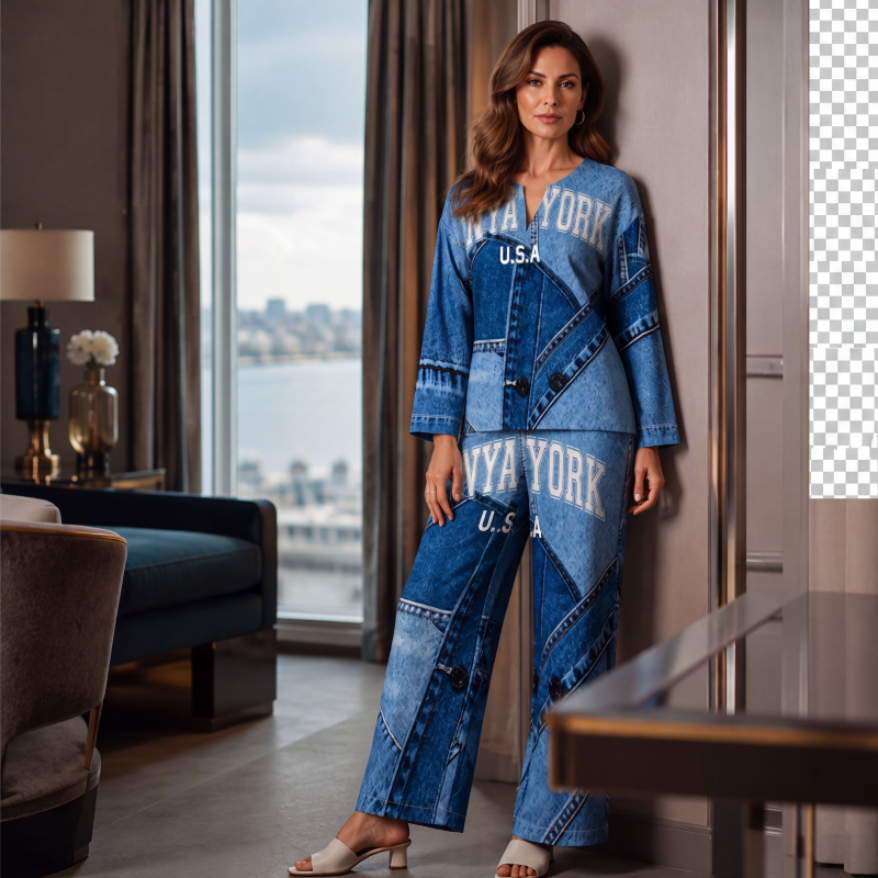 🔥 50 % RABATT UNDER BEGRÄNSAD TID! 👖 Dammode i jeansmönster med topp och byxor med vida ben – bekvämt, retro och elegant ✨