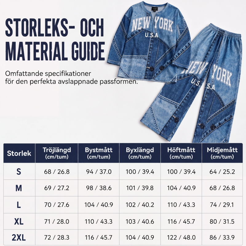 🔥 50 % RABATT UNDER BEGRÄNSAD TID! 👖 Dammode i jeansmönster med topp och byxor med vida ben – bekvämt, retro och elegant ✨