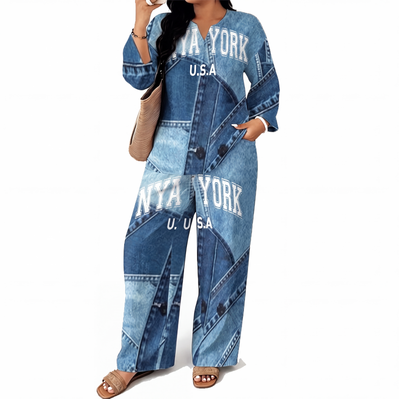 🔥 50 % RABATT UNDER BEGRÄNSAD TID! 👖 Dammode i jeansmönster med topp och byxor med vida ben – bekvämt, retro och elegant ✨