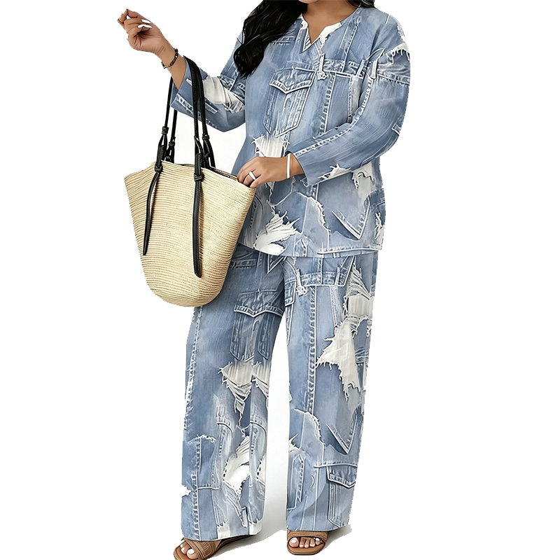 🔥 50 % RABATT UNDER BEGRÄNSAD TID! 👖 Dammode i jeansmönster med topp och byxor med vida ben – bekvämt, retro och elegant ✨