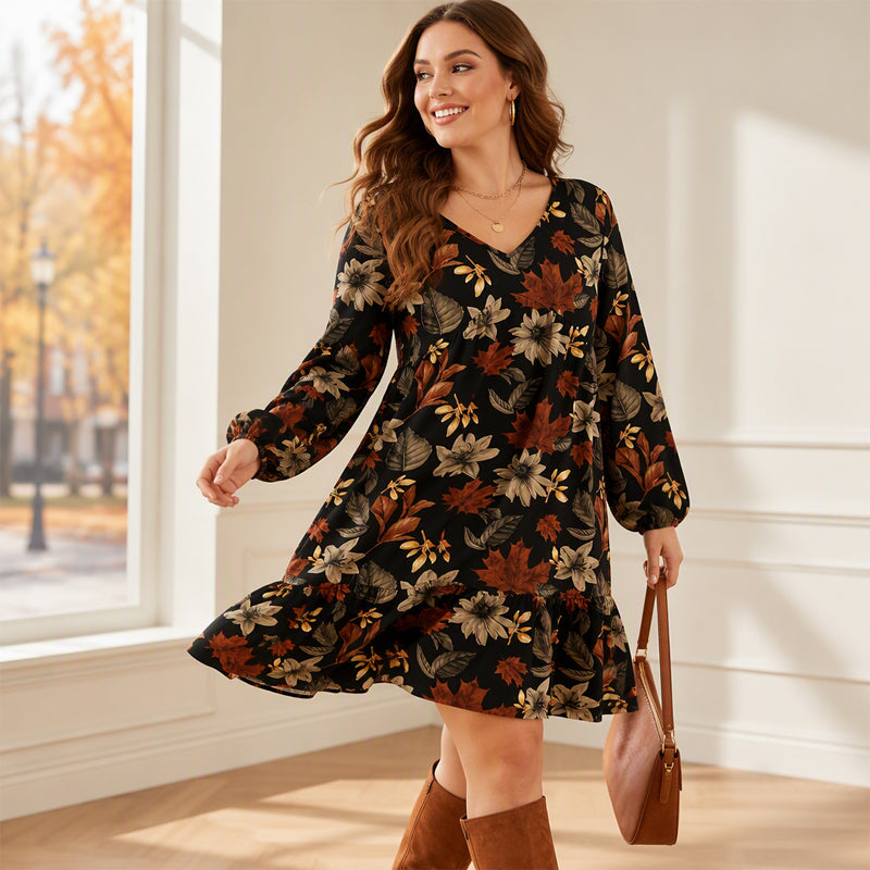👗Damklänning med elegant lönnlövmönster