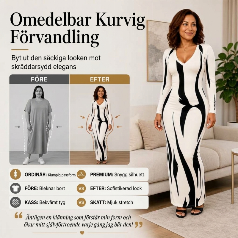 Långärmad kroppsnära maxiklänning med tryck för kvinnor