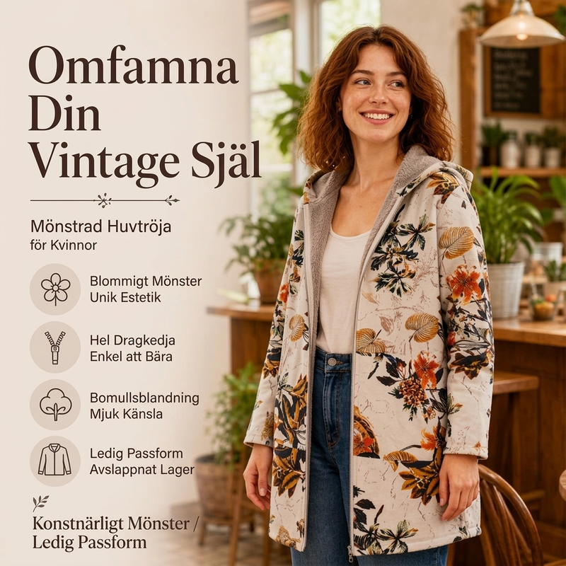 Kvinnors vintage-kappa med bladmönster och huva