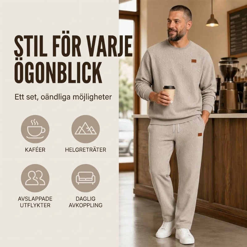 Set för män: Jacquard-bokstäver sweatshirt och byxor med dragsko
