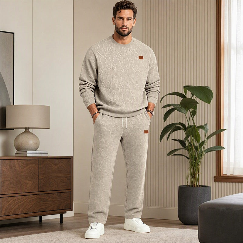 Set för män: Jacquard-bokstäver sweatshirt och byxor med dragsko