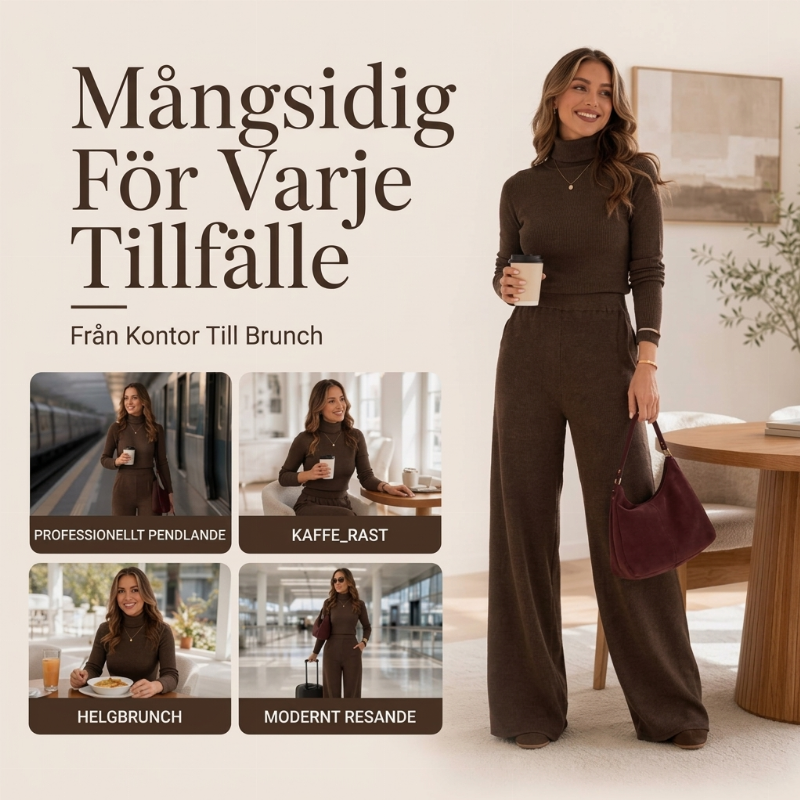 Set med polotröja i stickad modell och vida byxor för kvinnor