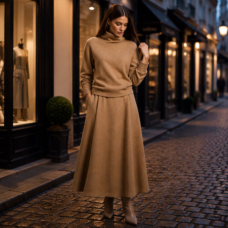 ✨ Elegant stickad look 🤎 Set med damtröja med krage och maxikjol – bekvämt, feminint och tidlöst
