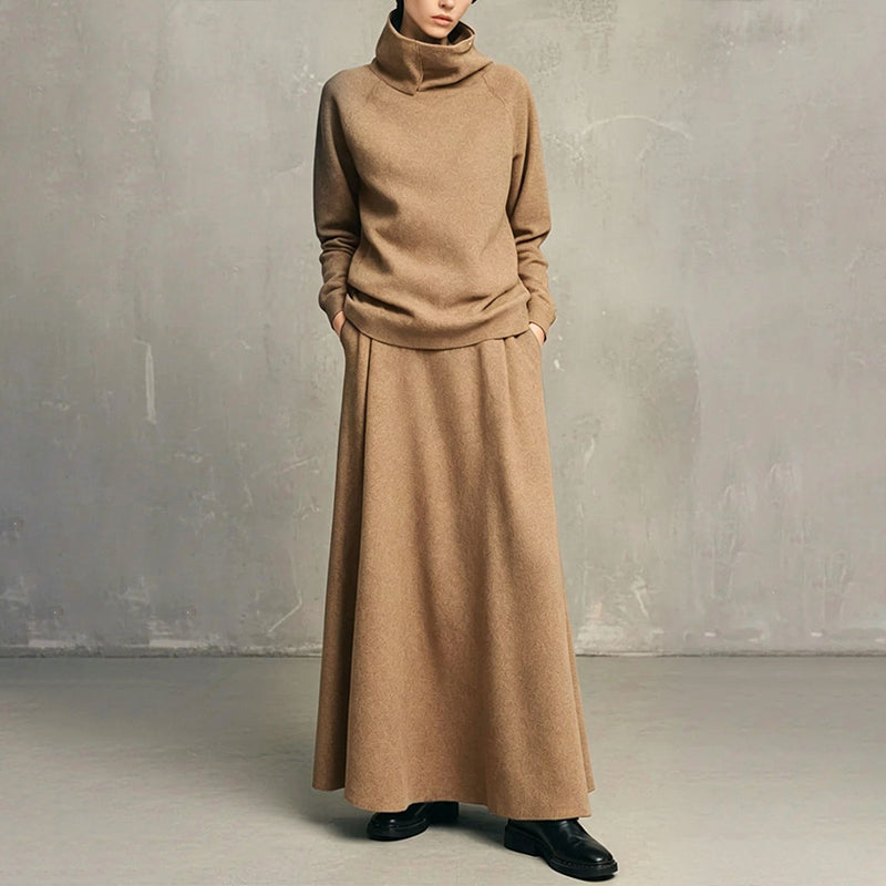✨ Elegant stickad look 🤎 Set med damtröja med krage och maxikjol – bekvämt, feminint och tidlöst