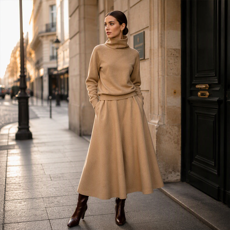 ✨ Elegant stickad look 🤎 Set med damtröja med krage och maxikjol – bekvämt, feminint och tidlöst