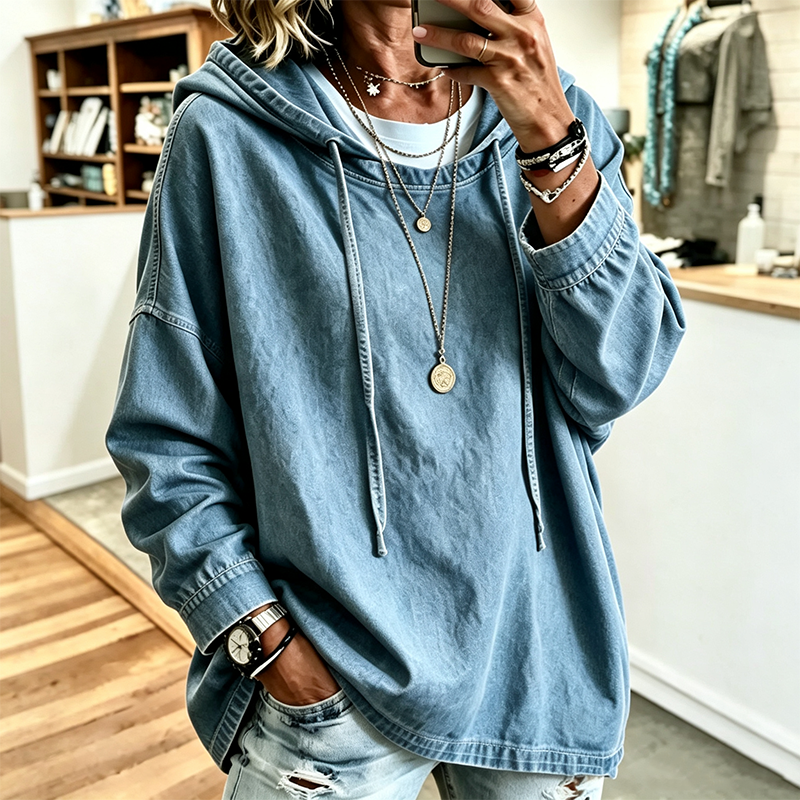 📢🎉50 % rabatt!!!🛍️✨Avslappnad jeanshoodie för damer