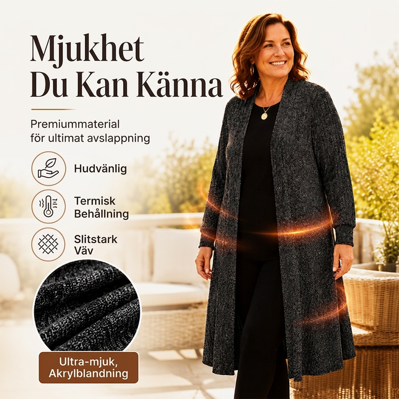 Damens mysig ribbstickad lång cardigan