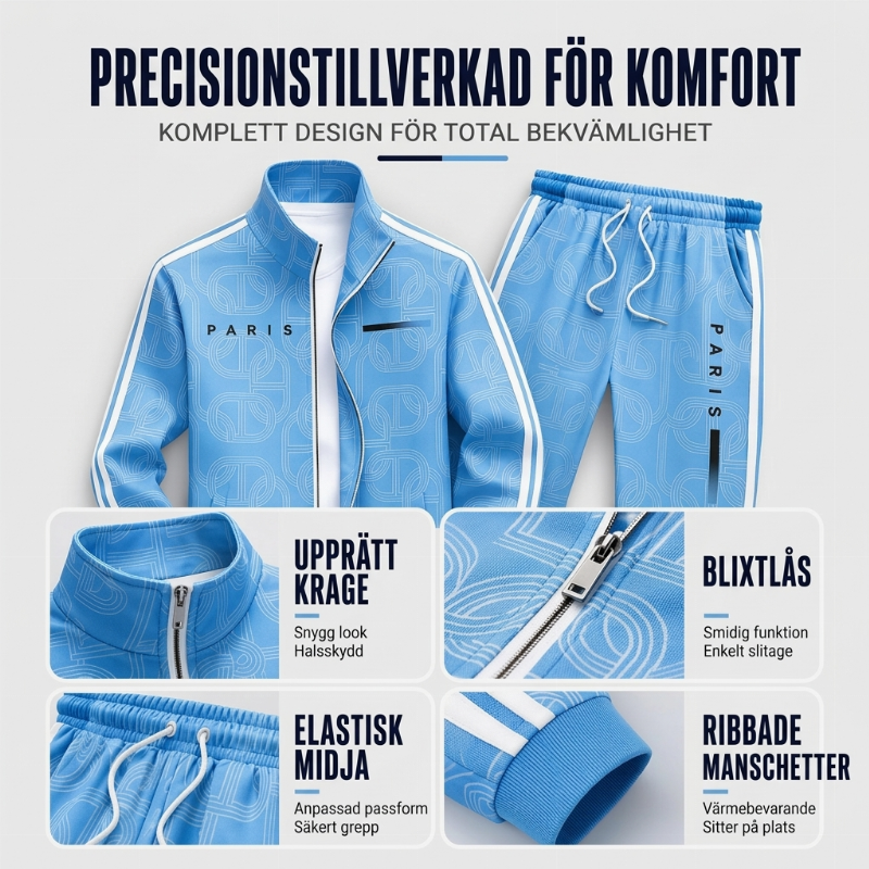 Herrset med hel dragkedja: jacka och byxor med geometriskt tryck