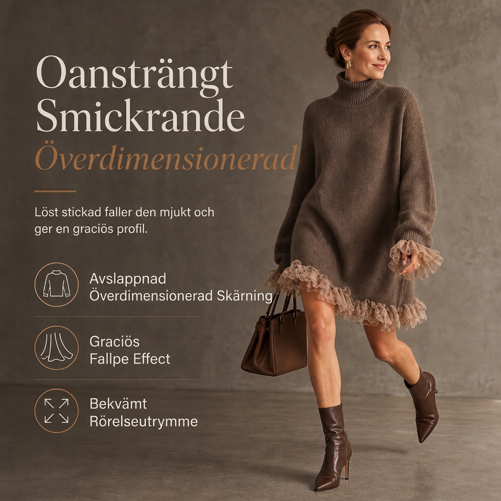 Överdimensionerad höghalsad stickad klänning med volangkant i tyll