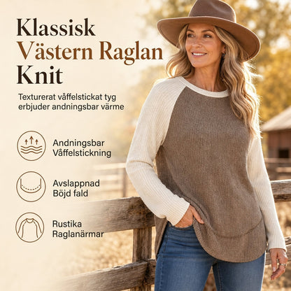🔥Populär produkt! ✨Raglan-tröja med långa ärmar i western- och ranchstil för damer, i strukturerat våffelstickat tyg och med rundad nederkant