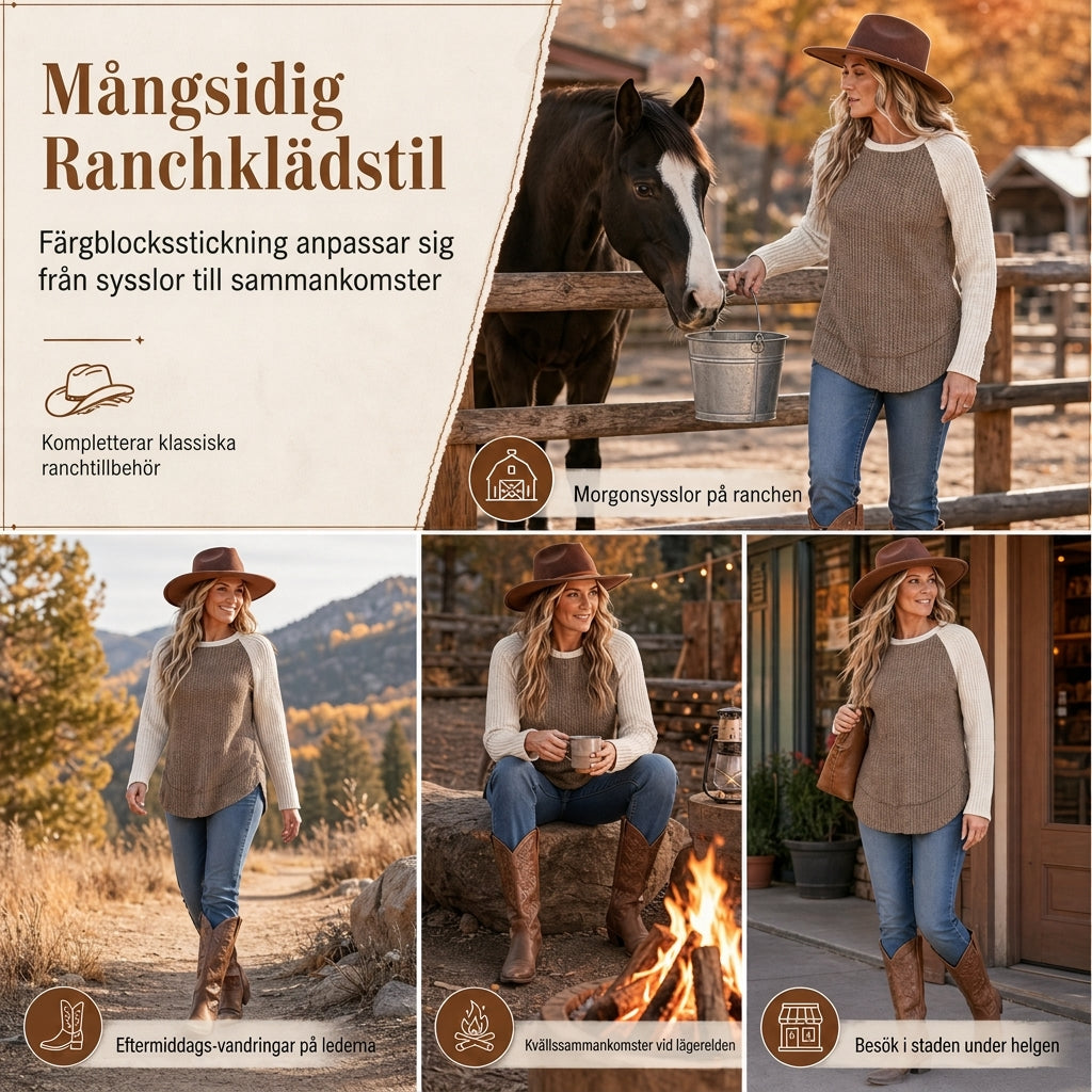 🔥Populär produkt! ✨Raglan-tröja med långa ärmar i western- och ranchstil för damer, i strukturerat våffelstickat tyg och med rundad nederkant